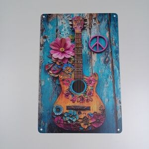 Colorful Floral Guitar Wall Art with Peace Symbol 8 X 12